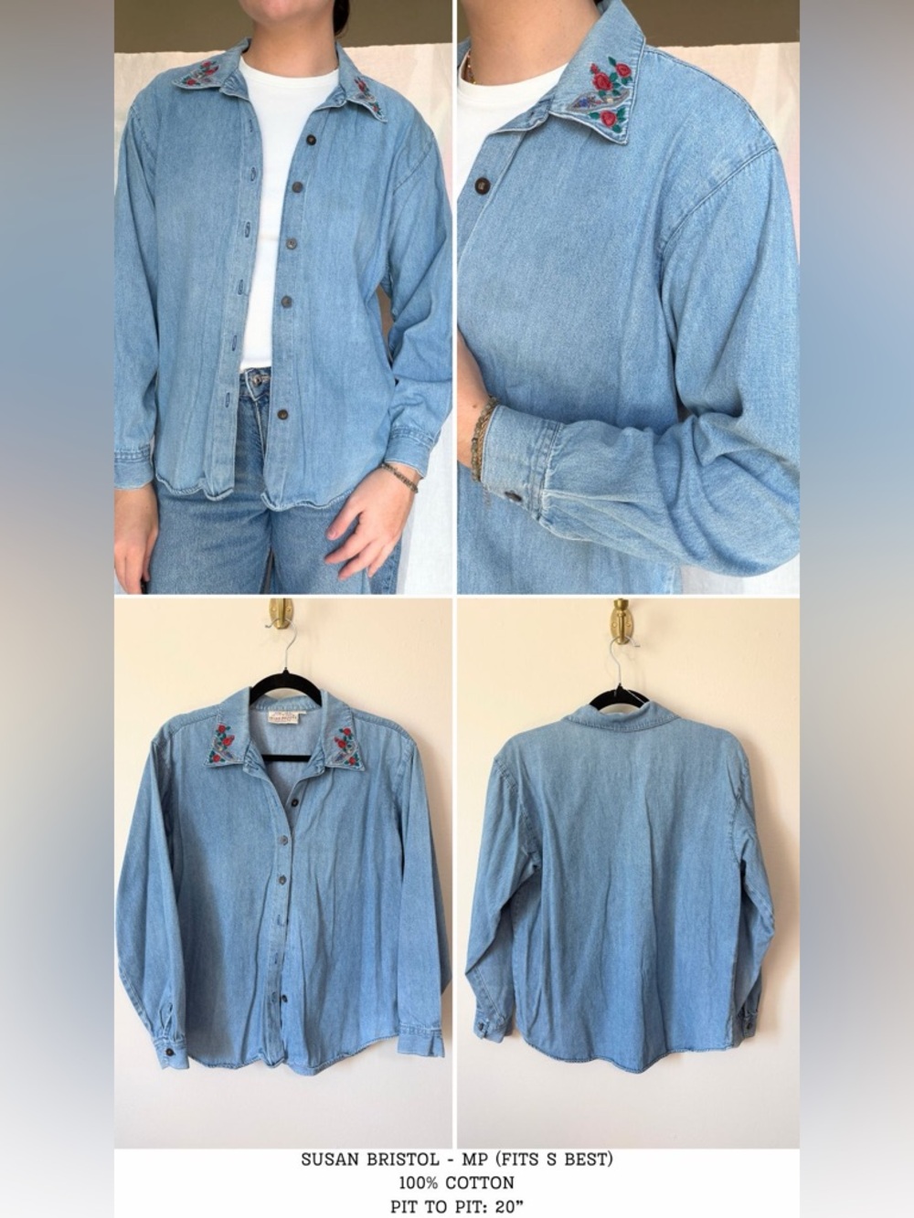 Vintage denim button up with floral embroidered collar size MP 100% cotton - Picture 5 of 5